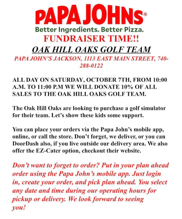 Photo of flyer for Golf Team fundraiser at Papa John's from 10am until 11pm on Saturday, October 7th