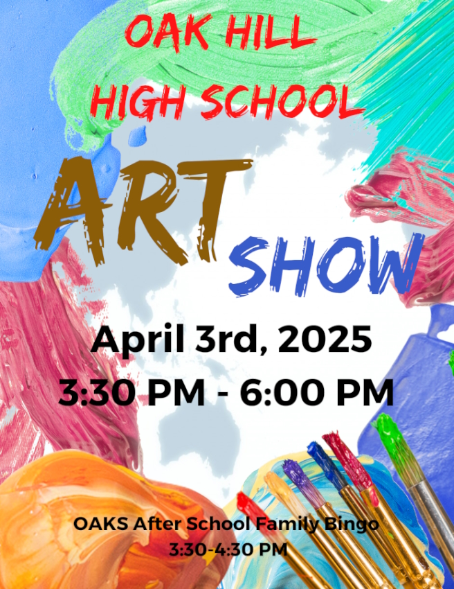 OHHS Art Show flyer with colorful splashes and brushes