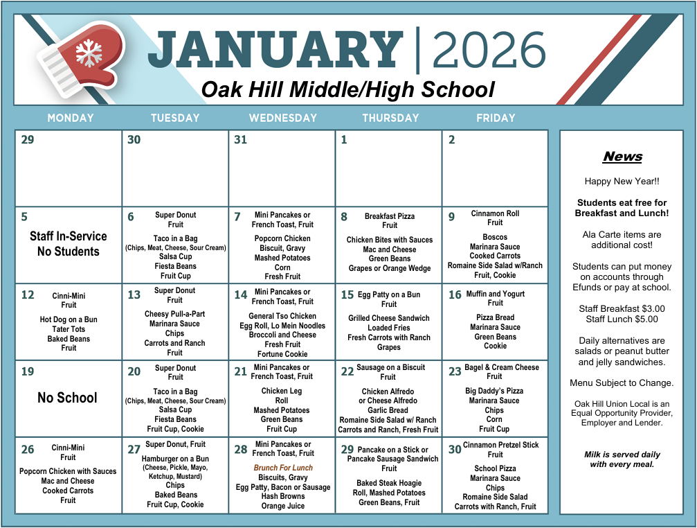 Photo of Middle/High School menu for January 2026