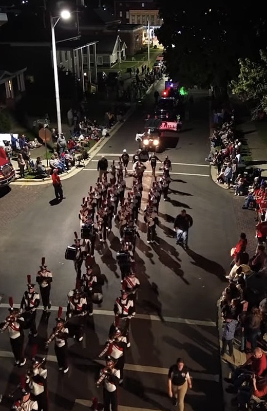 Photo of Marching Oaks band in the streets of Jackson for the Apple Festival Grand Finale Parade