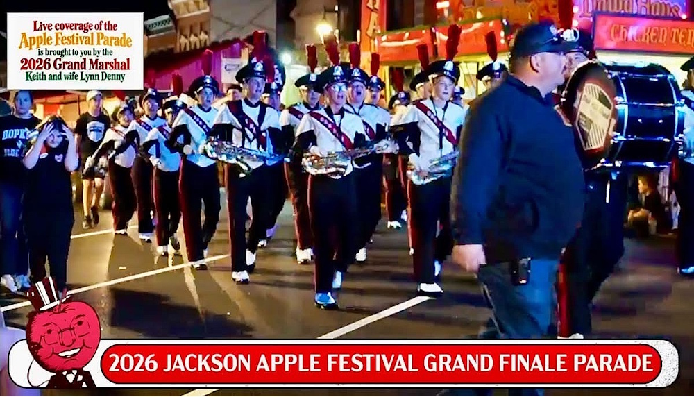 Photo of Marching Oaks band in the streets of Jackson for the Apple Festival Grand Finale Parade