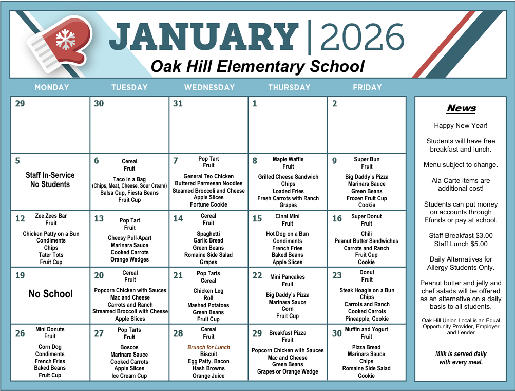 Photo of OHES menu for January 2026